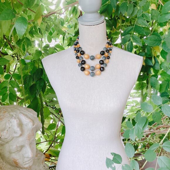 Vintage 1950s Lucite Multi Strand Necklace Black Gray Mustard Halloween Jewelry - Picture 2 of 11